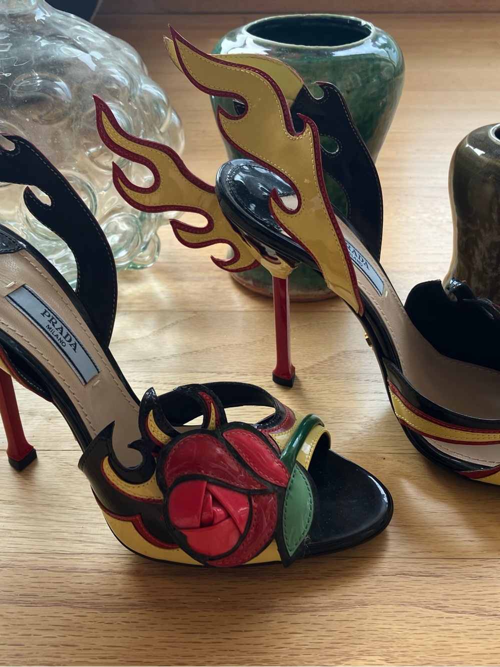 Iconic Prada Hot Rod Flames Heels SS 2012 Yellow With Roses Like New 36.5/6.5 - Picture 2 of 14